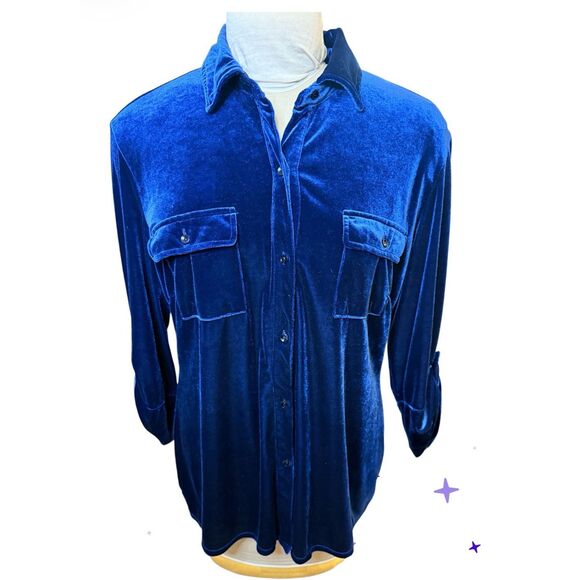 Peck & Peck Midnight Blue Velour Blouse Sz. XL Holidays Occasion Stretch - Picture 3 of 6
